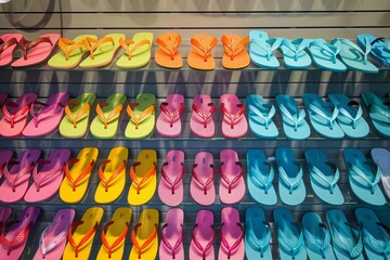 rows of colorful flipflops on display shelves