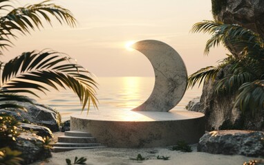 Grey podium concrete round stone pedestal display a crescent moon wall with a tropical beach sunset