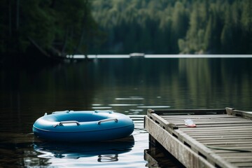 blue swim ring with white handles floating by a dock on a lake