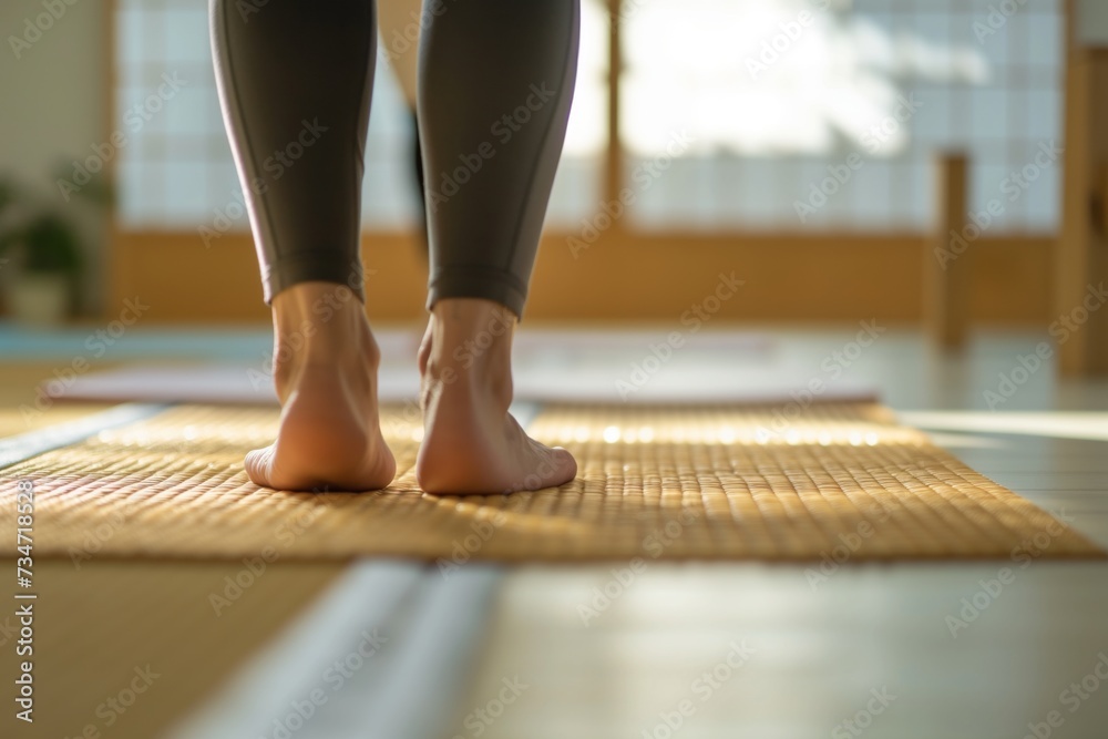 Sticker person practicing yoga on a tatami mat in a bright gym