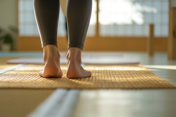 person practicing yoga on a tatami mat in a bright gym - obrazy, fototapety, plakaty