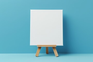 High quality photo of a white canvas mock up on a mini wooden tripod placed on a toy easel against a blue background - obrazy, fototapety, plakaty