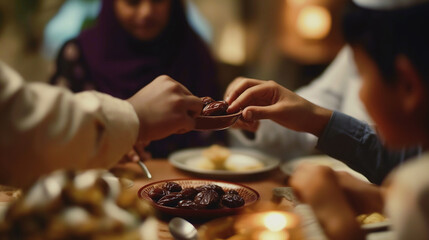 Muslin family sharing dates during ramadan supper - obrazy, fototapety, plakaty