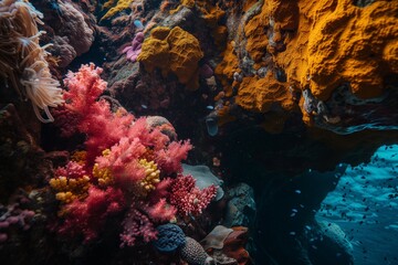 macro shot of colorful coral on an underwater cave wall