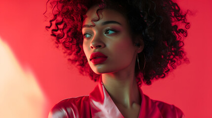 a curly woman in pink silk top and red lipstick