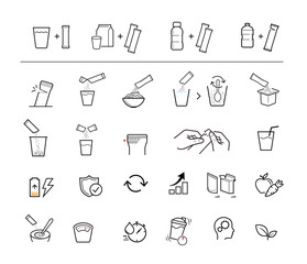 Icons of stick package bag set with samples, preparation instructions. Vector elements for infographics. Set of sign for detailed guideline. Ready for your design. EPS10.