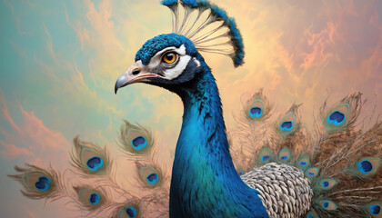 Fototapeta premium Fantasy Illustration of a wild Peafowl. Digital art style wallpaper background with peacock in pastel colors.