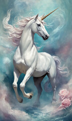 Obraz na płótnie Canvas Fantasy Illustration of a wild unicorn Horse. Digital art style wallpaper background in pastel colors.
