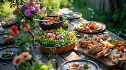 Colorful Farm-to-Table Feast on Rustic Wooden Table - obrazy, fototapety, plakaty