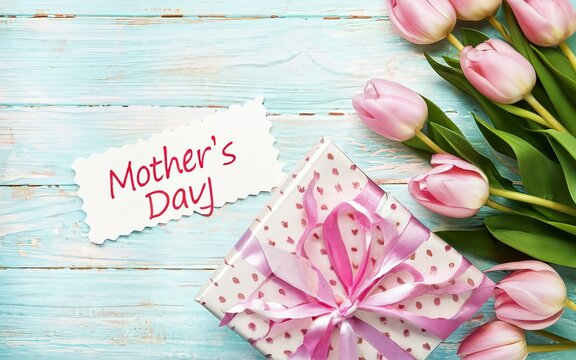 beautiful pink tulips, happy mothers day postcard and gift