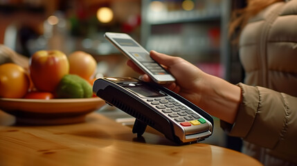 A person paying for their shopping via the mobile app - obrazy, fototapety, plakaty