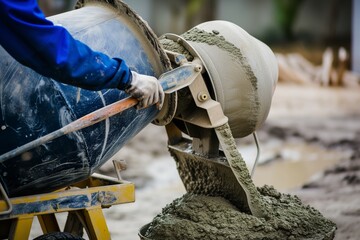 person mixing concrete in a portable cement mixer - obrazy, fototapety, plakaty