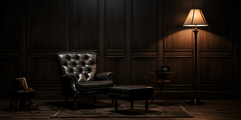 A dark background with a wooden table and a table lamp in a dark