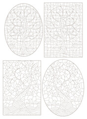 A set of contour illustrations in the style of stained glass with abstract trees, dark contours on a white background