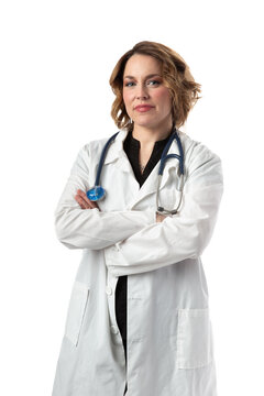 Beautiful youthful middle aged woman nurse or female doctor medical professional healthcare worker with smiling face standing with arms crossed confidently smiling isolated on white background