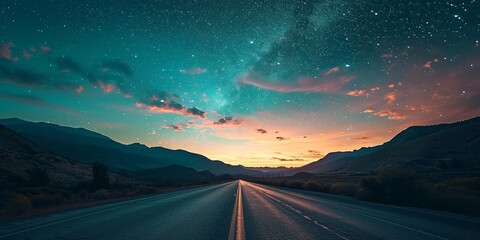 A highway under a sky full of stars, with a mountain range silhouette in the distance and the first light of dawn approaching - obrazy, fototapety, plakaty