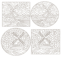 A set of contour illustrations in the style of stained glass with windmills, dark contours on a white background