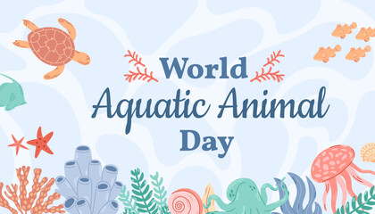 World aquatic animal day horizontal banner. Holiday concept. Template for background, banner, card, poster with text inscription.