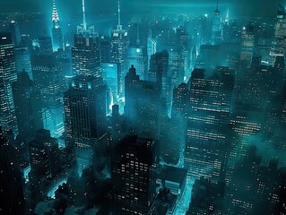 Obraz premium Breathtaking essence of urban skyline at night skyscrapers pierce darkening sky lit up by vibrant pulse of city lights panorama showcases architectural majesty and modern design of downtown district