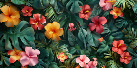 Top view flowers plants tropical leaves background