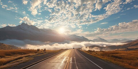A highway that ascends into the clouds, with a view of mountain peaks and the sun rising above the horizon