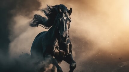 Obraz na płótnie Canvas Majestic Black Horse Galloping Through Billowing Dust.