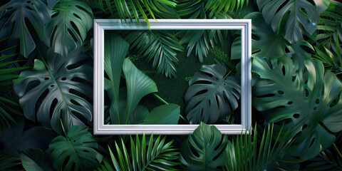Top view white frame border on tropical leaves background, Flat lay minimal
