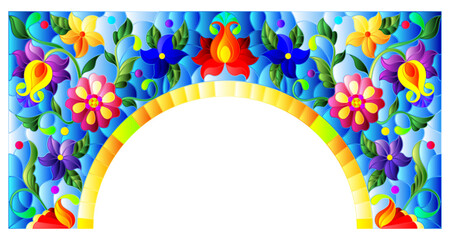 An illustration in the style of a stained glass window with an arch with flowers and swirls on a blue background