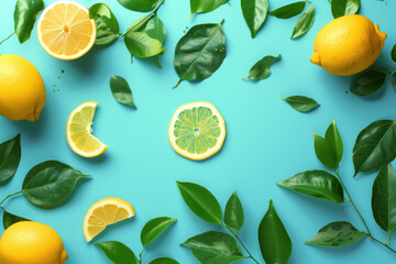 Top view lemon slice with leaf on blue background, Flat lay minimal