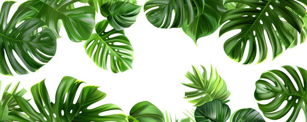 Top view tree branches tropical leaves on white background