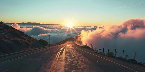 A highway that ascends into the clouds, with a view of mountain peaks and the sun rising above the horizon - obrazy, fototapety, plakaty