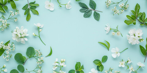 Top view flat lay white flowers and foliage on light blue background
