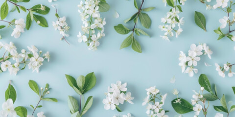 Top view flat lay white flowers and foliage on light blue background