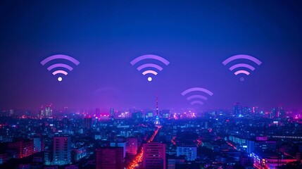 Modern metropolis with wireless network connection and urban landscape concept. Nighttime urban background with wireless network and connection technology concept.