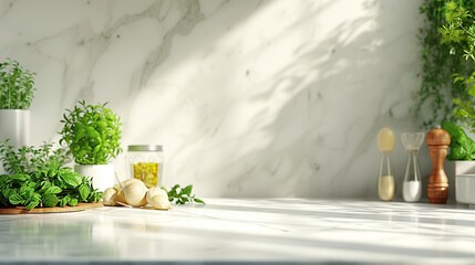Green herbs and culinary supplies on a contemporary kitchen countertop.