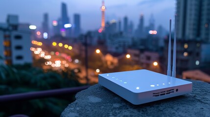 Modern metropolis with wireless network connection and urban landscape concept. Nighttime urban background with wireless network and connection technology concept.