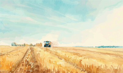 watercolor illustration tractor on the field © Iryna