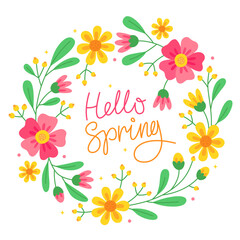 Hello spring. Floral round frame with yellow and pink flowers, buds, red berries and green leaves. Cute spring wreath. Handwritten cute phrase, calligraphy. Design for a greeting card. 