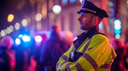 Using a high-visibility jacket, a police officer manages crowds at an outdoor