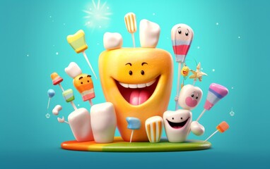 Cartoon Character Brushes Teeth with Toothbrushes