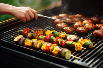 Close-up view of grill with skewers. Perfect for barbecues and outdoor cooking