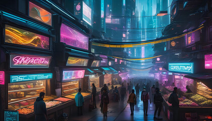 Bustling cyberpunk and futuristic marketplace with people busy with their individual business around - obrazy, fototapety, plakaty