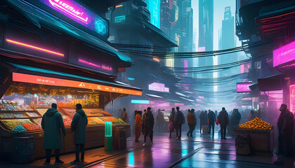 Bustling cyberpunk and futuristic marketplace with people busy with their individual business around - obrazy, fototapety, plakaty