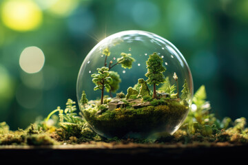 Glass ball filled with moss and small trees, perfect for adding touch of nature to your home decor or for creating whimsical scene in miniature garden