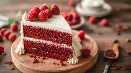 A slice of red velvet cake on a wooden board, raspberry cake, devil's cake, wedding dessert, birthday celebration dessert, and a classic American dessert