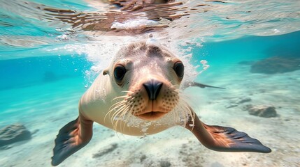 The Galapagos Islands' tidal lagoon features a sea lion swimming beneath the surface. - obrazy, fototapety, plakaty