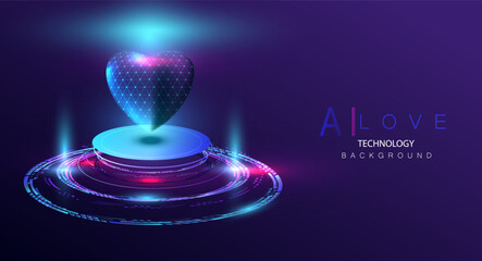 AI Digital glow wireframe heart in a futuristic style vector. 3d hologram model on technology light platform texture. Banner of love for the holidays of Valentine's Day. Cyber medical concept.
