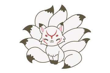 Cute white nine tailed fox mascot. Chibi cartoon character illustration 