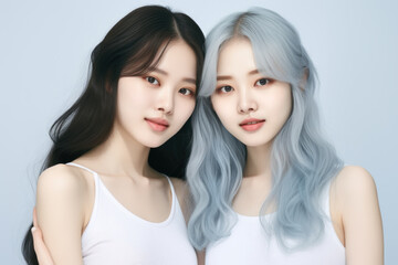 Two women with vibrant blue hair posing for photo. Perfect for fashion or beauty themes