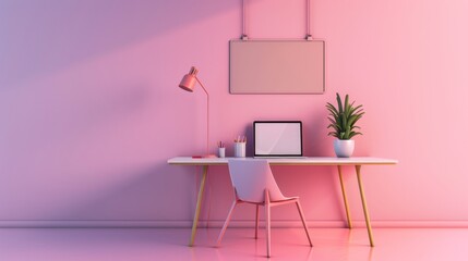 Fototapeta premium Stylish home office with vibrant pink tones and a neat desk setup, enhanced by natural light and indoor plants. Perfect for modern professionals.